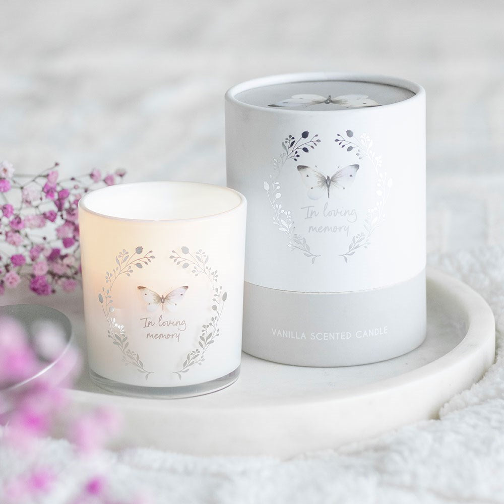In loving memory white butterfly vanilla candle, a gentle and comforting remembrance gift