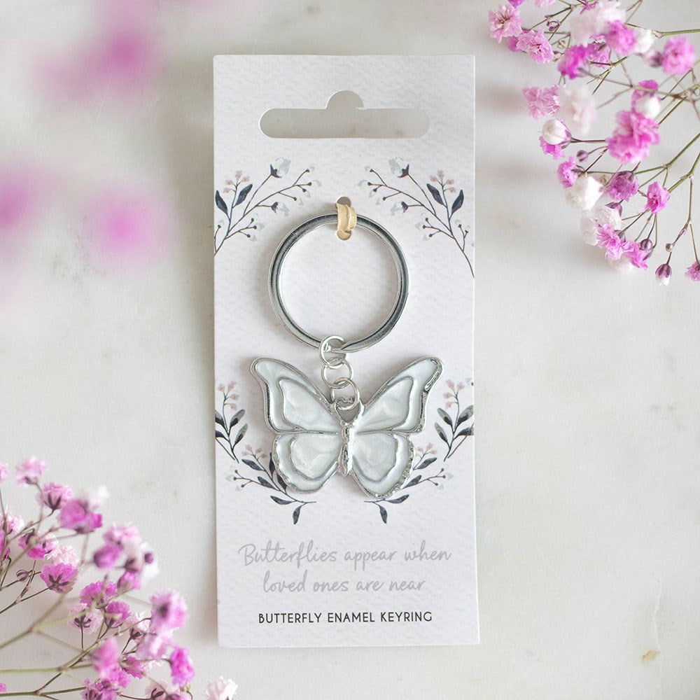White butterfly metal and enamel keyring, delicate and elegant accessory for keys or bags