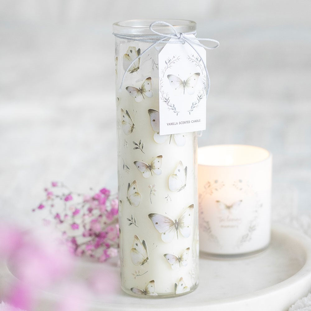 White butterfly print vanilla scented tube candle, perfect for a calming and decorative touch