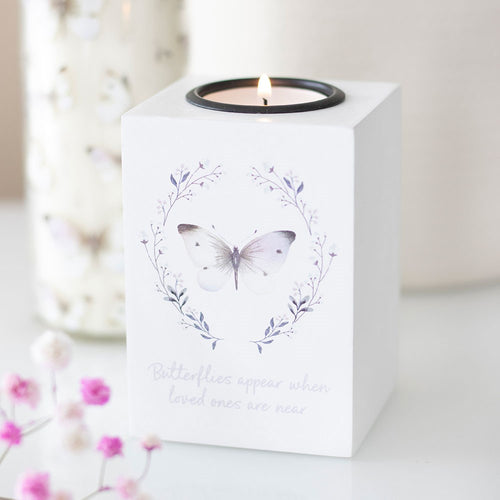 Butterflies appear remembrance wooden tealight holder, a thoughtful memorial decor piece