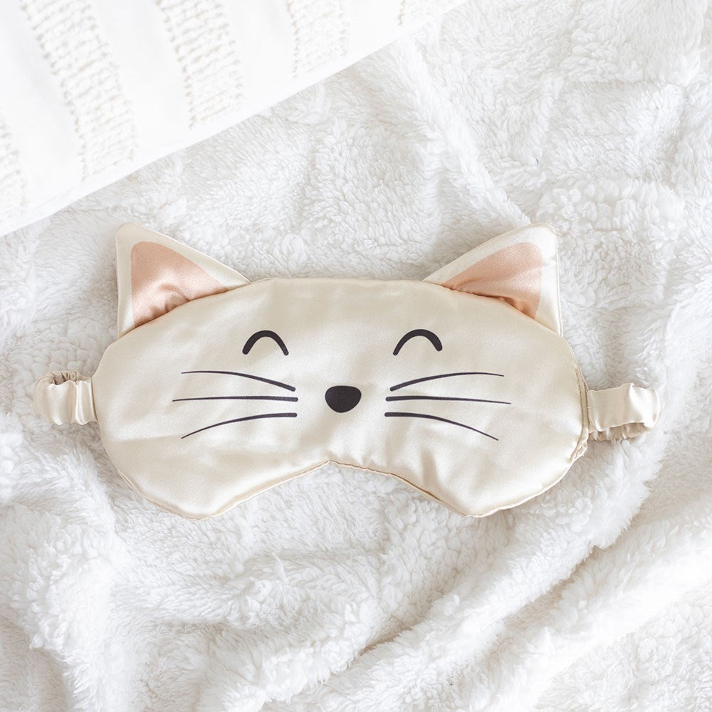 Satin white cat face eye mask, soft and comfortable for sleep and relaxation