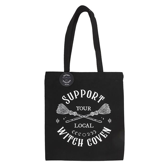 Polycotton tote bag with “Support Your Local Witch Coven” slogan, durable and reusable for shopping, featuring a bold, playful witch-themed design.