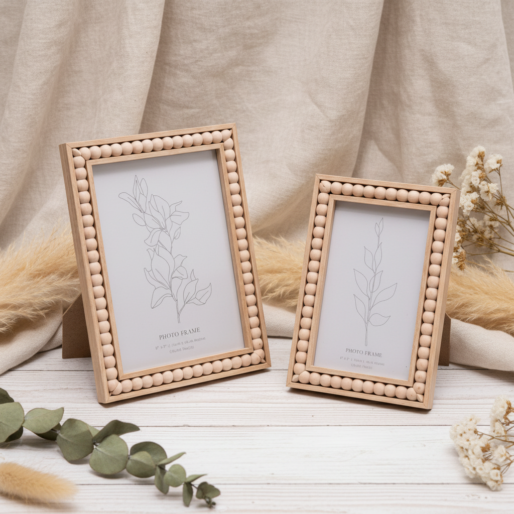 Light wood photo frames with decorative beaded detail, suitable for 4x6 inch and 5x7 inch photographs.