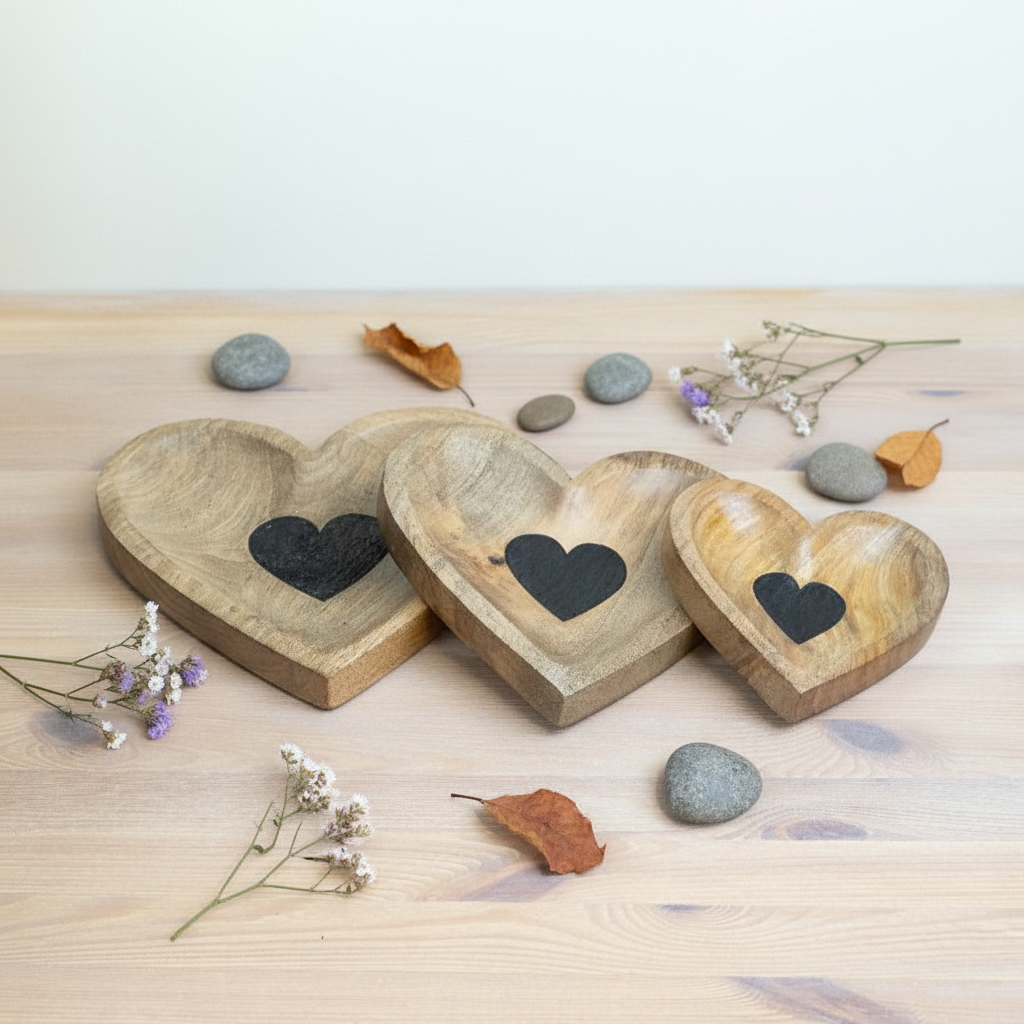Wooden Heart Dishes Flat Lay