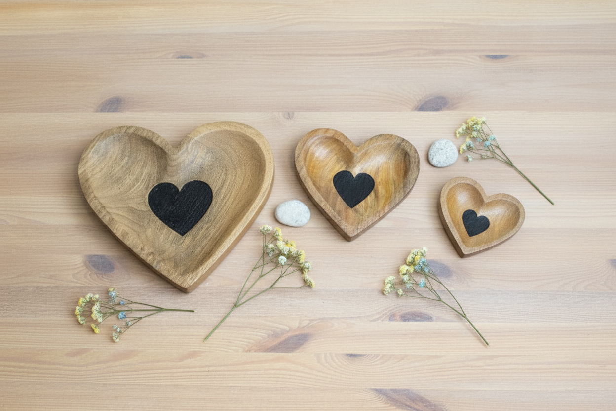 Wooden Heart Dishes Separated Flat Lay