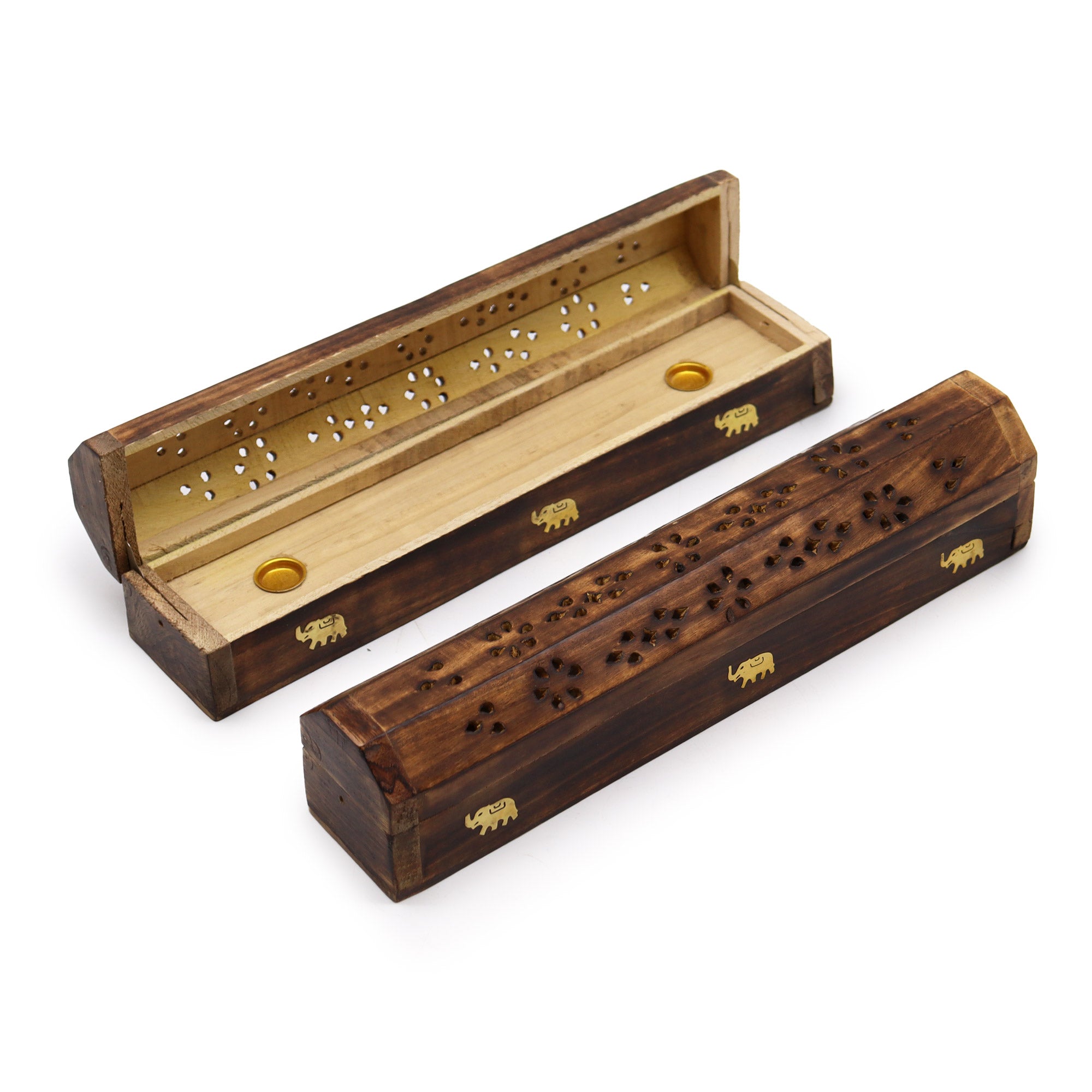 Mango wood incense holder box with hinged lid, decorative cut-out floral pattern and brass details, shown open and closed.