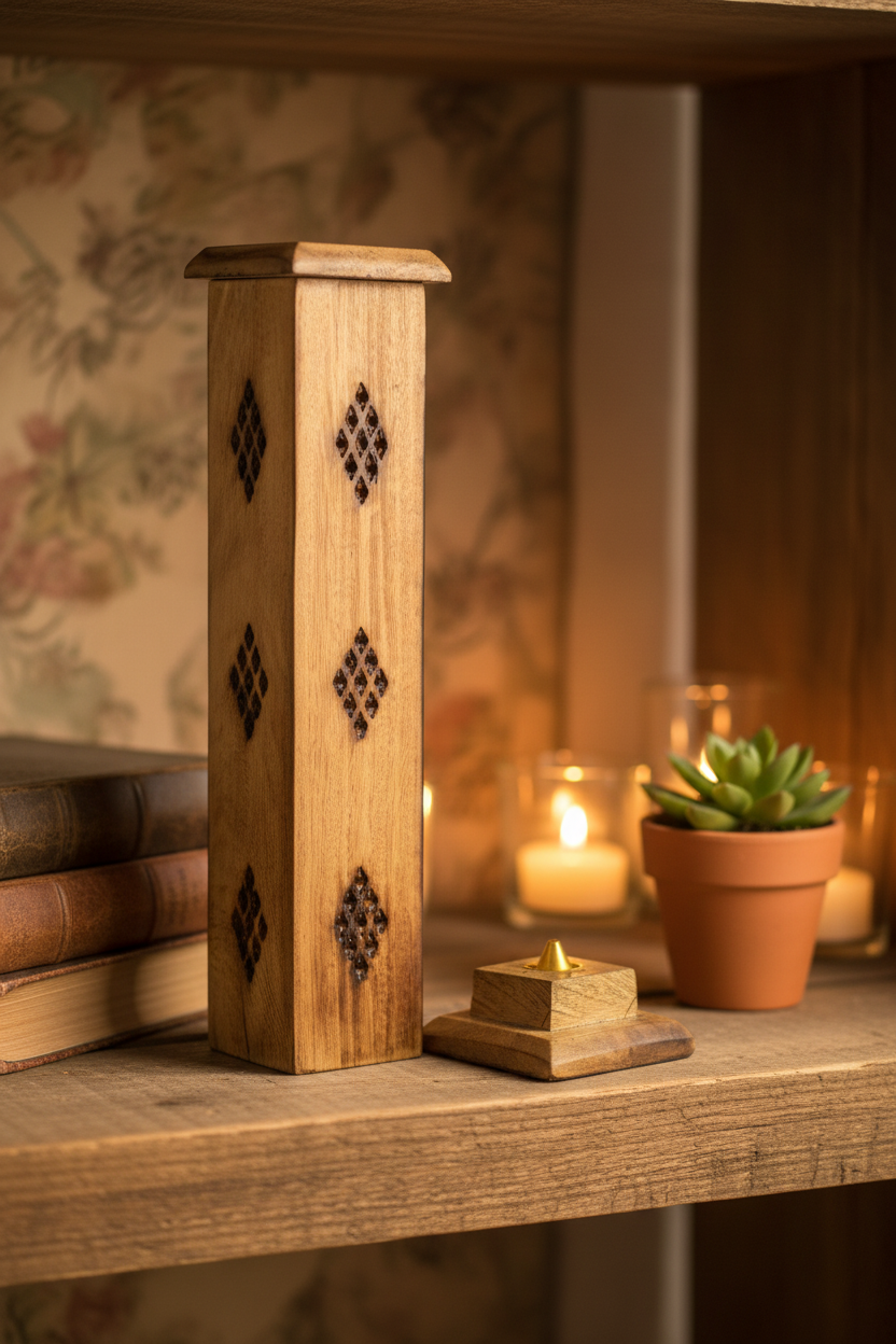 Tall square wooden incense tower burner with Celtic knot metal embellishments on each face, on a white background