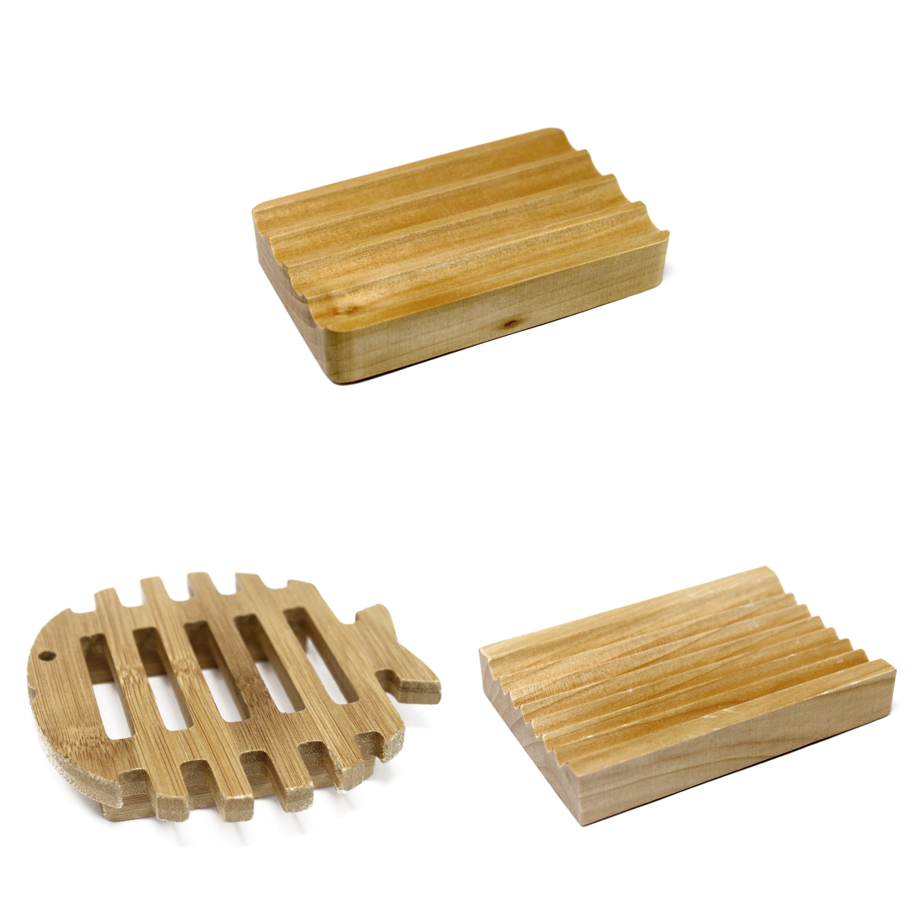 Hemu wood soap dish available in three different styles, designed to hold and drain soap bars effectively.