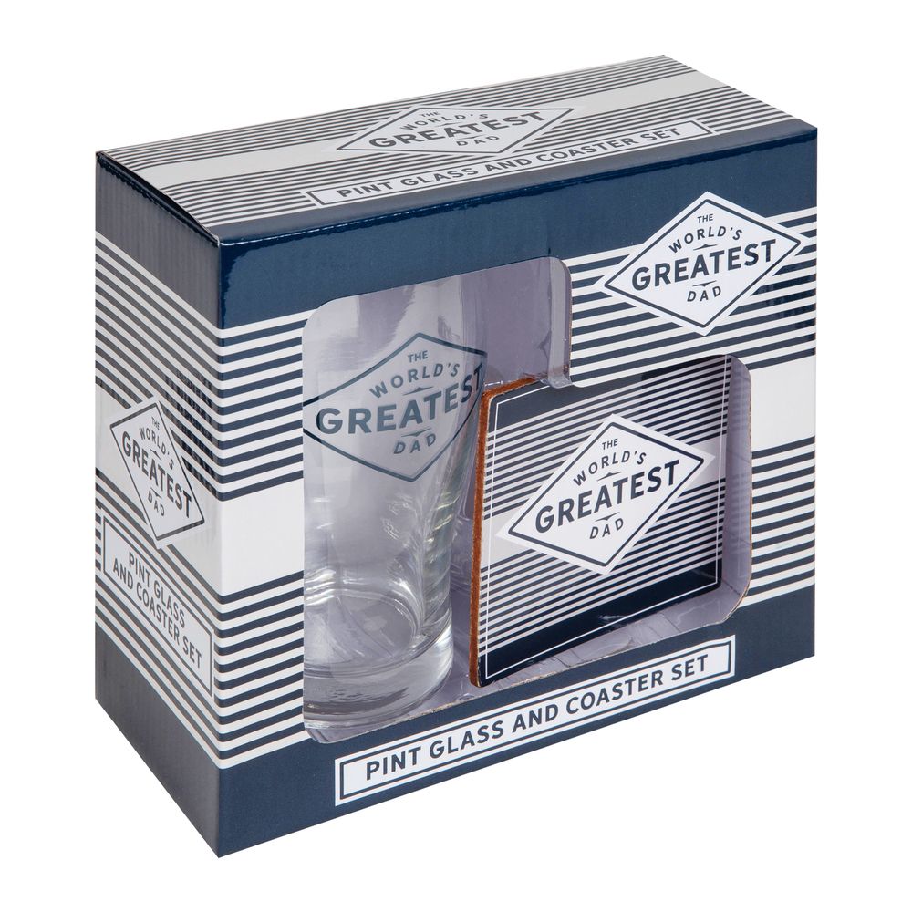 Pint glass and coaster gift set reading “World’s Greatest Dad” with matching design for beer drinking gift.