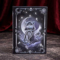 Cult Cuties Zefur A5 hardback journal — black hardback cover featuring a grey cat in a hooded cloak seated on a crescent moon, surrounded by stars and purple clouds, with silver skull and pentagram border details