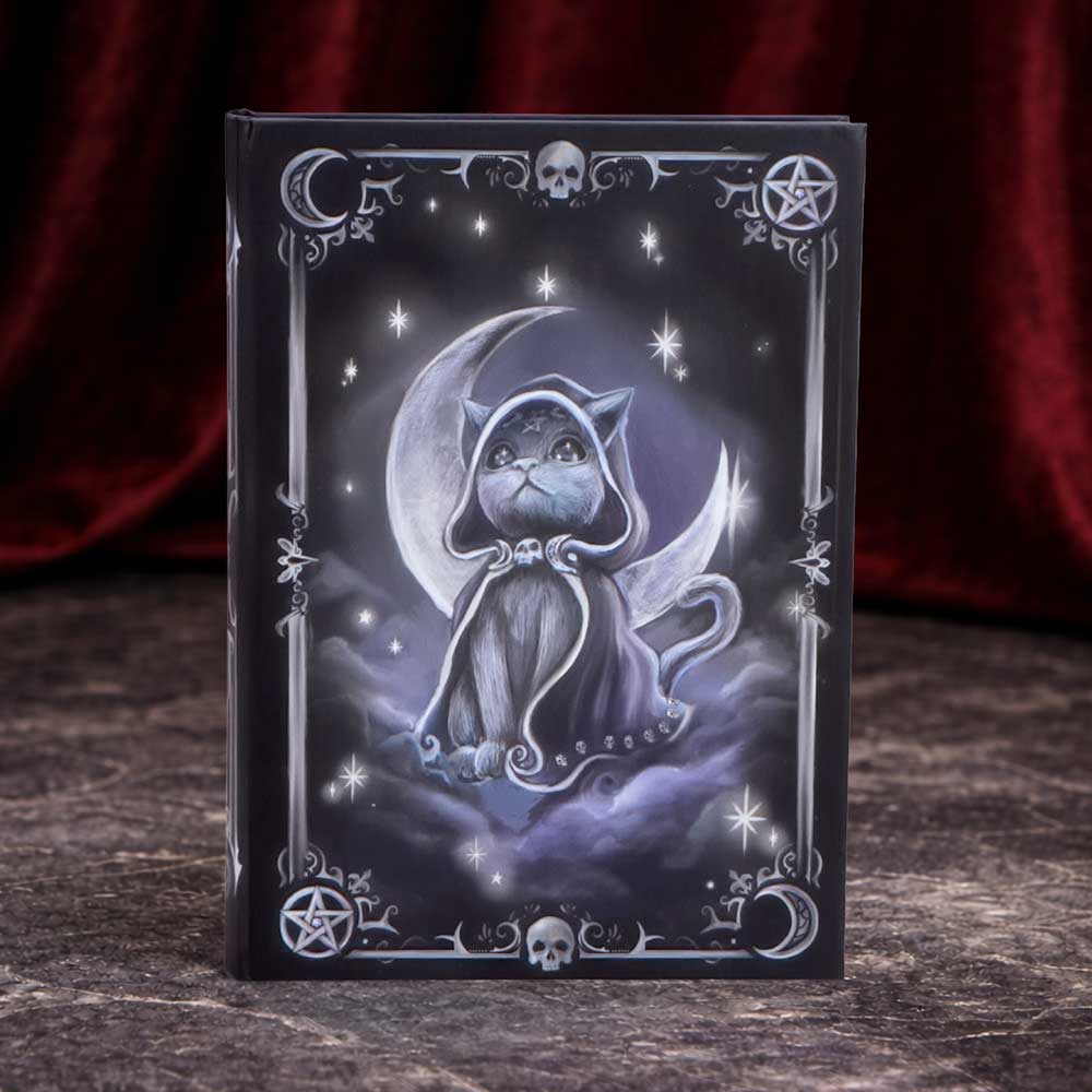 Cult Cuties Zefur A5 hardback journal — black hardback cover featuring a grey cat in a hooded cloak seated on a crescent moon, surrounded by stars and purple clouds, with silver skull and pentagram border details
