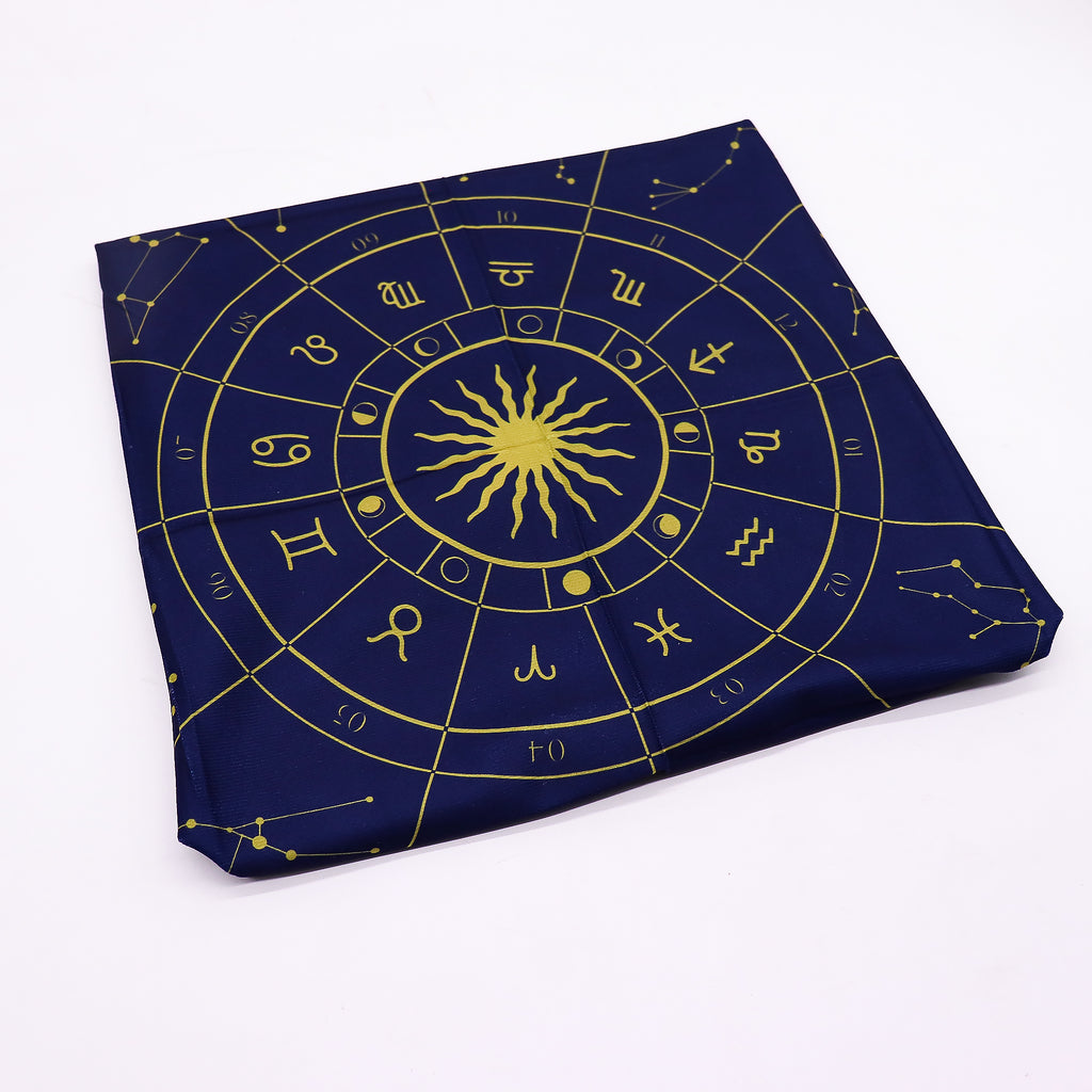 Zodiac design tarot reading cloth, 75cm, with mystical symbols for card readings and spiritual decor